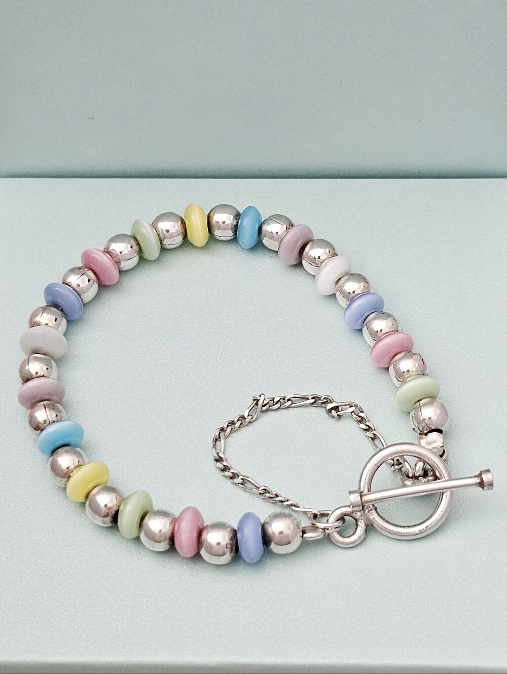 Silpada Rare HTF Sterling Silver Ball Pastel Oval Cats Eye Bead Toggle Bracelet
